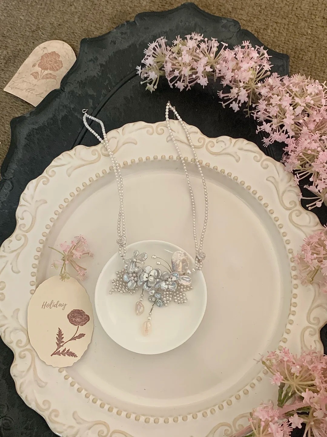 Natural pearl flower double layer necklace handmade