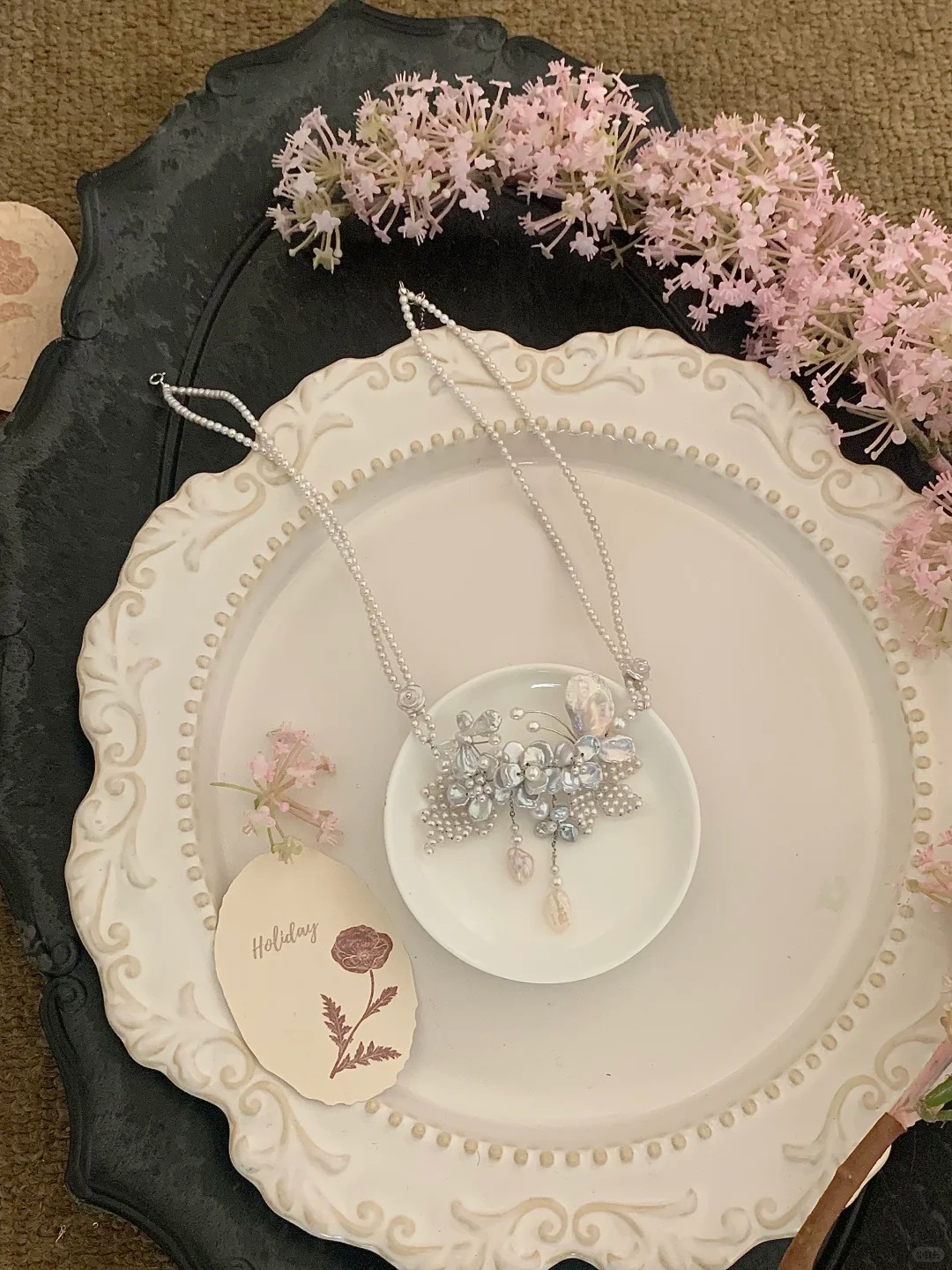 Natural pearl flower double layer necklace handmade